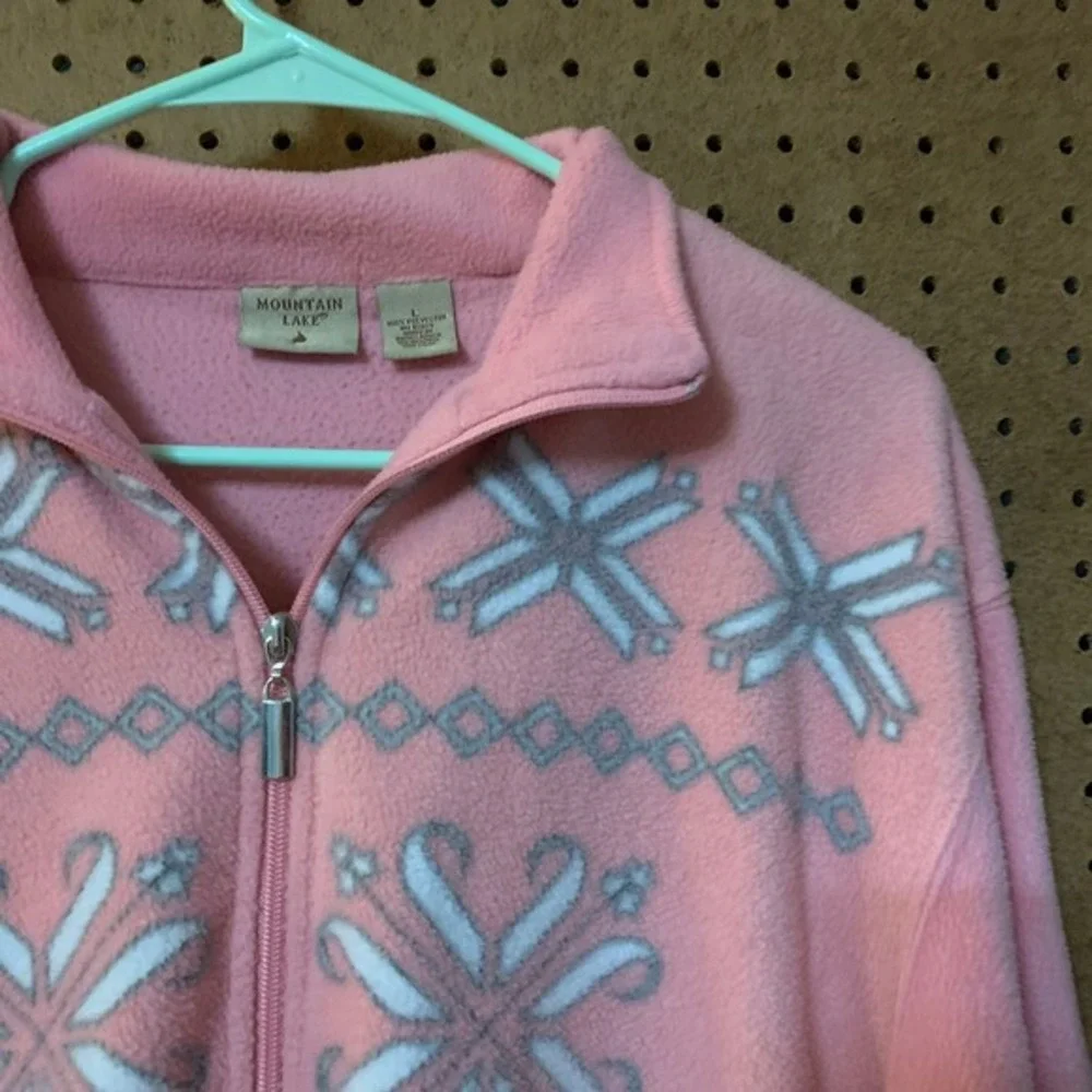 VTG Pink‎ Fleece Zip Up Jacket Snowflake Christmas Large Coquette Cottage Crop